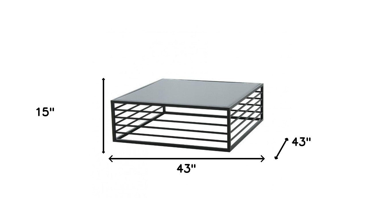 43" Gray and Black Glass And Steel Square Frame Coffee Table