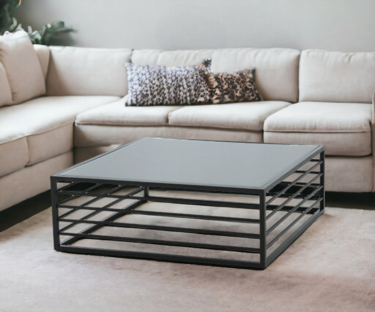 43" Gray and Black Glass And Steel Square Frame Coffee Table