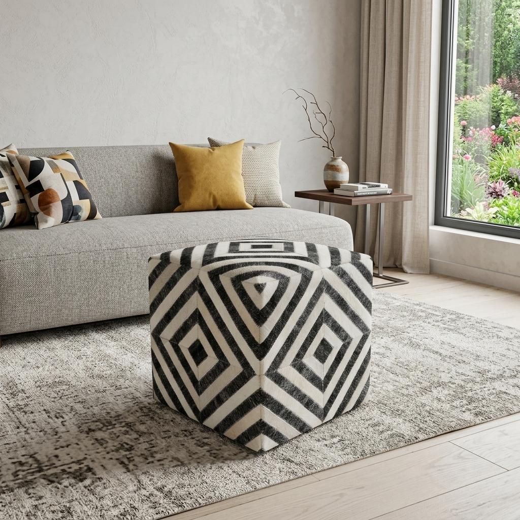18" Dark Gray and Ivory Hair on Hide Cube Geometric Pouf Ottoman