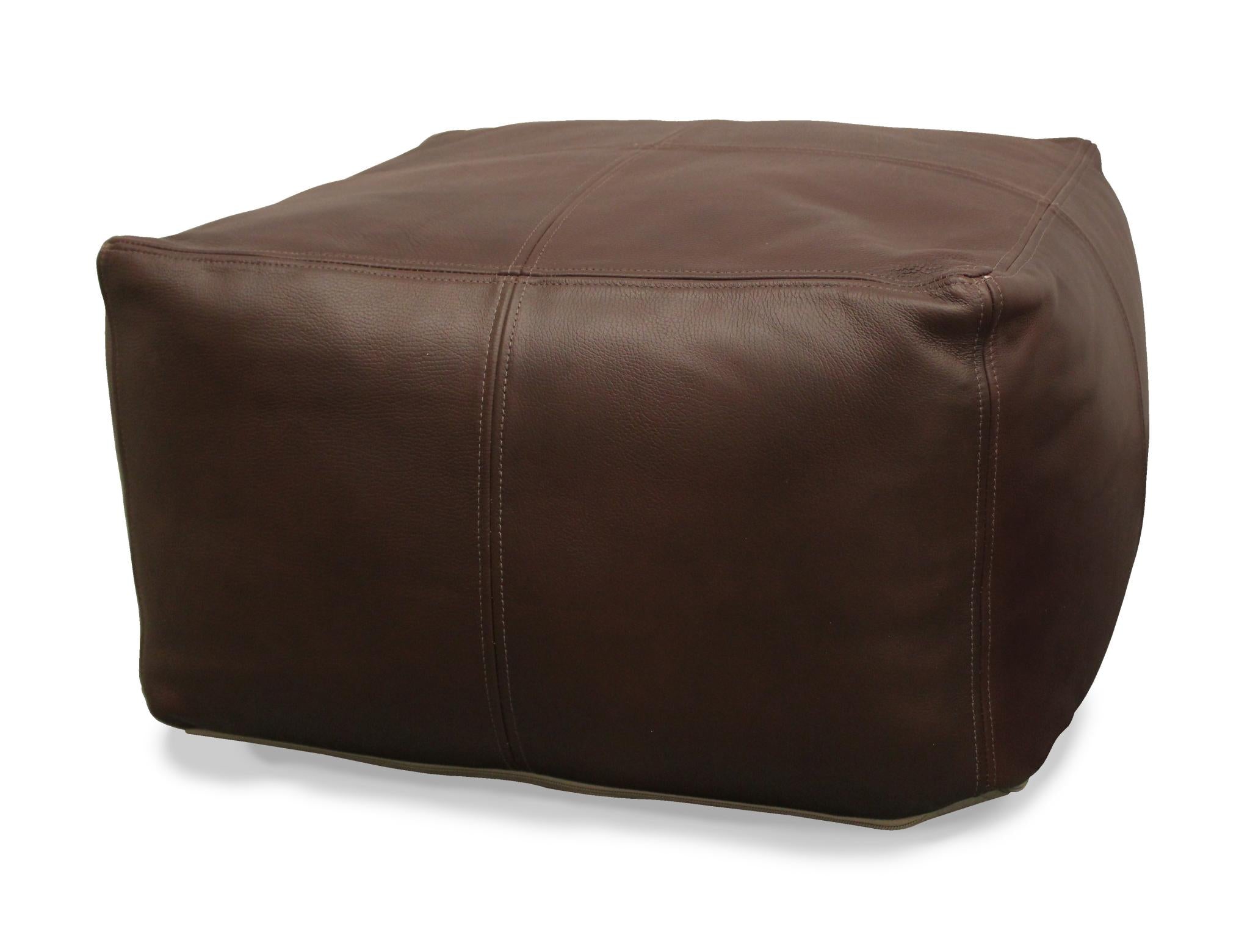 22" Dark Brown Leather Square Pouf Ottoman