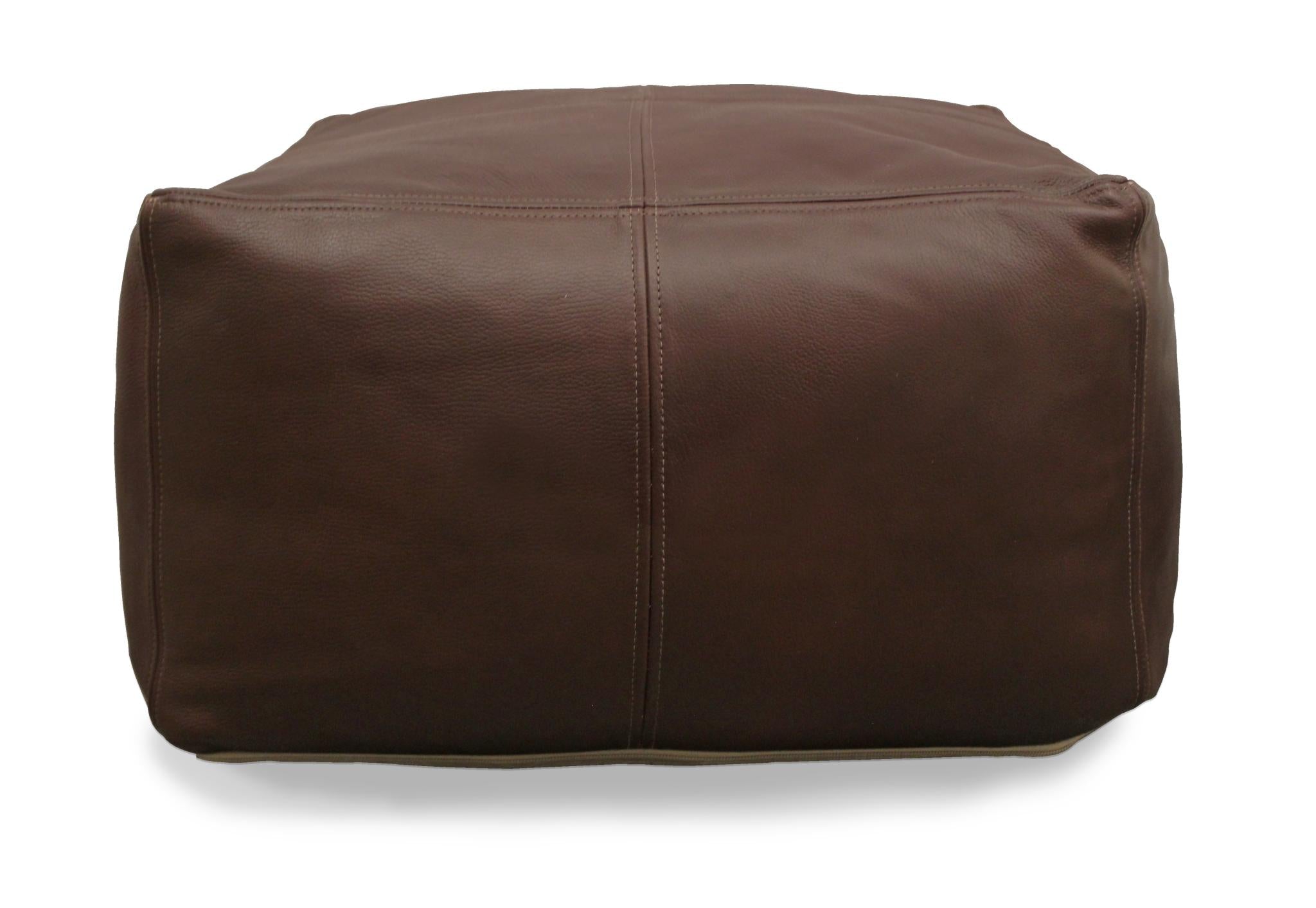 22" Dark Brown Leather Square Pouf Ottoman