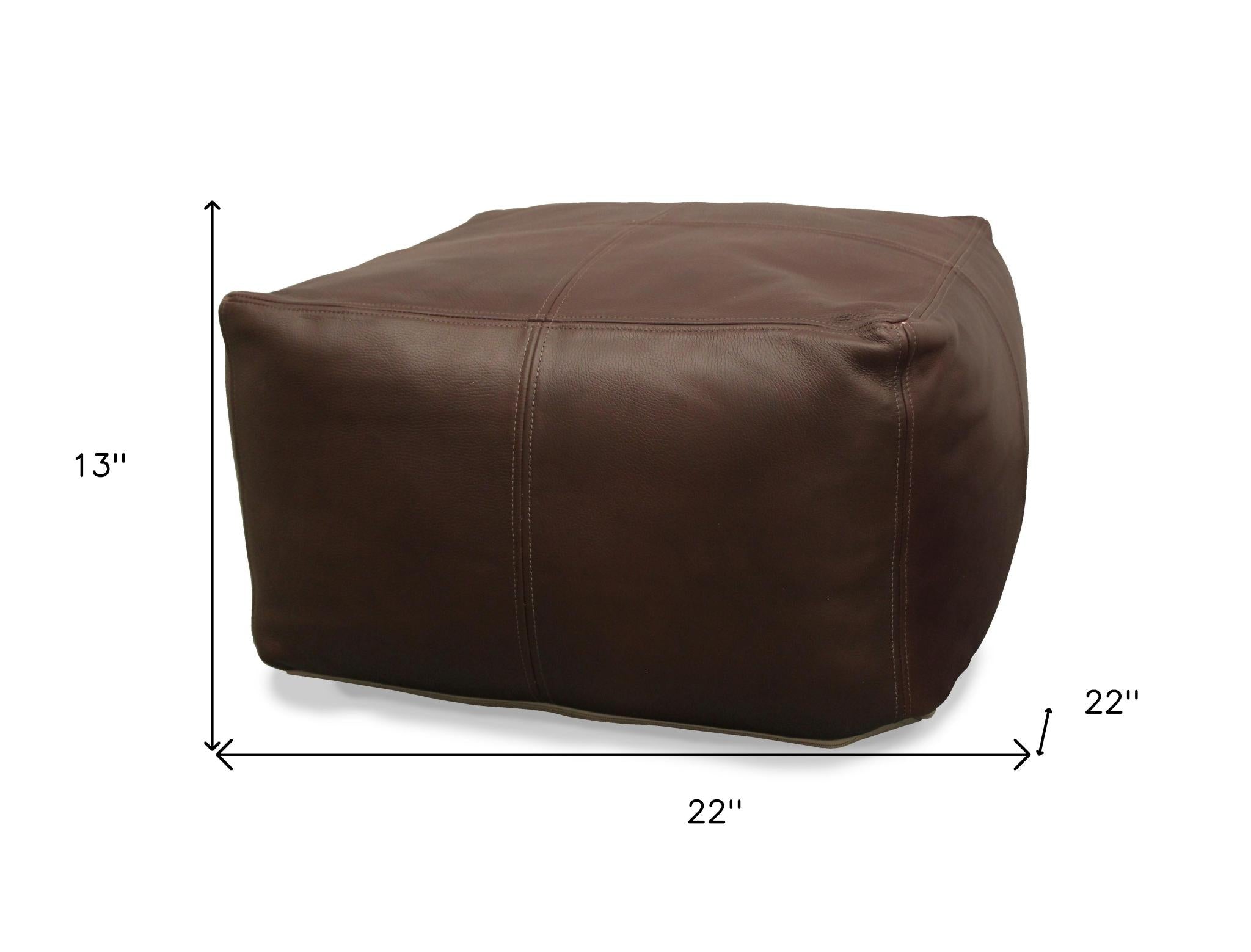 22" Dark Brown Leather Square Pouf Ottoman