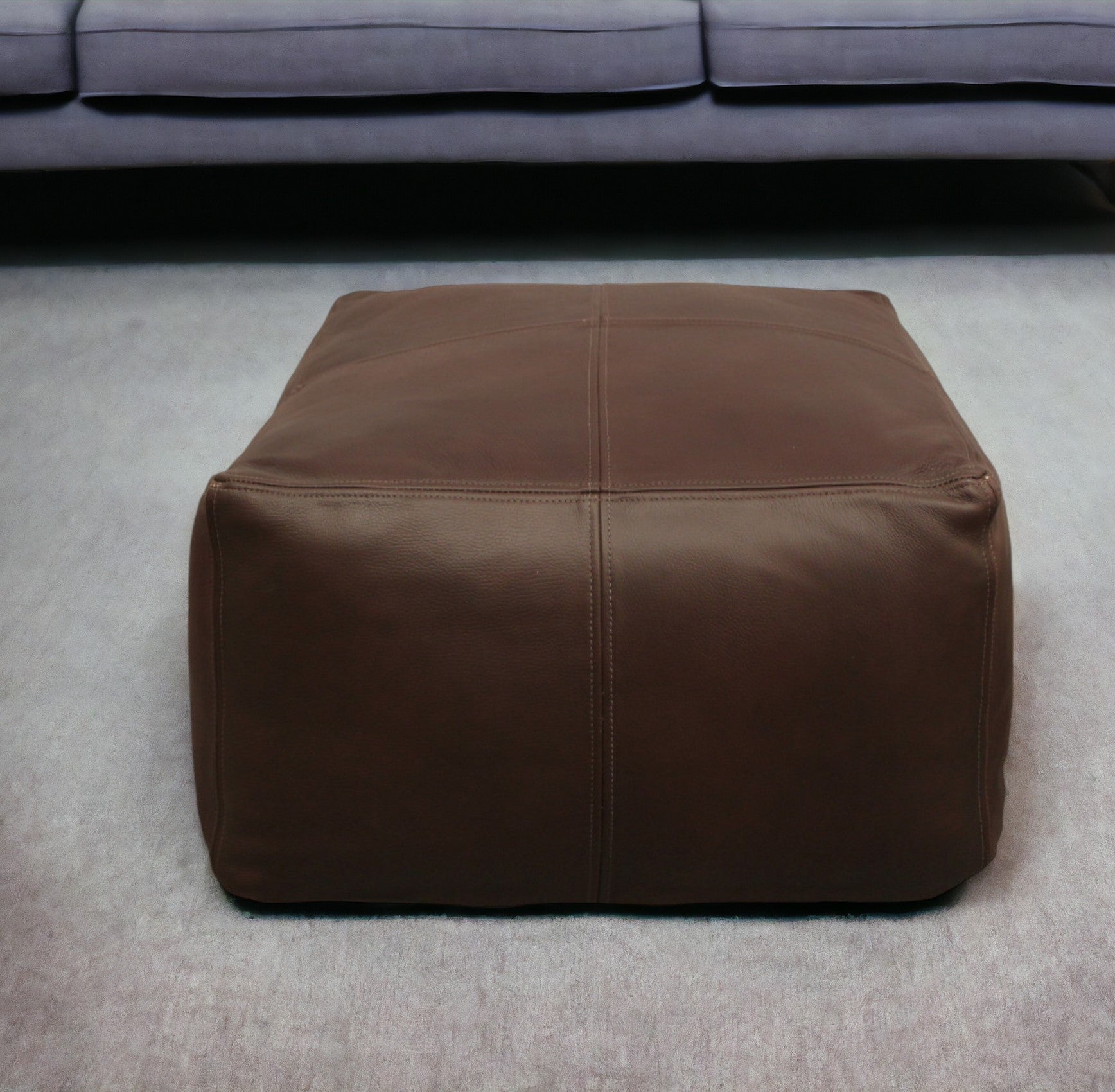 22" Dark Brown Leather Square Pouf Ottoman