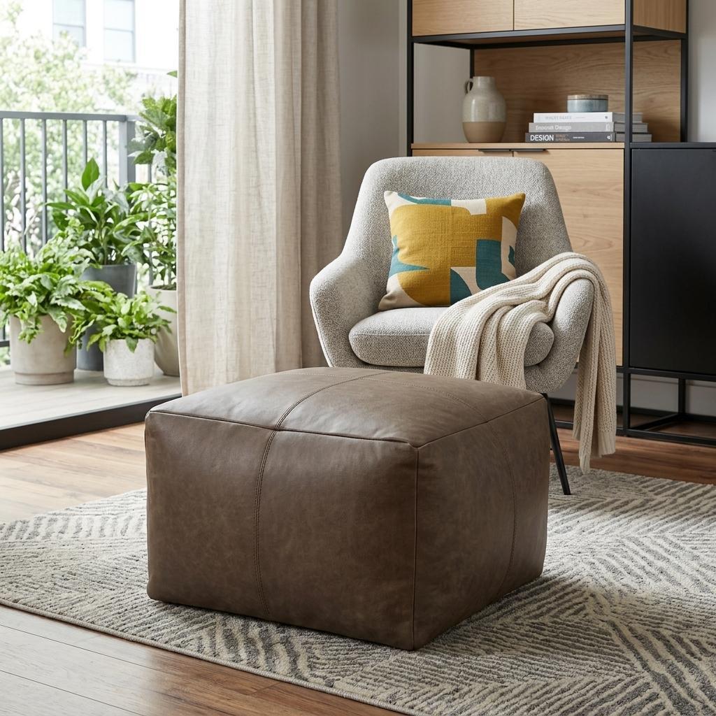 22" Gray Brown Distressed Leather Pouf Ottoman