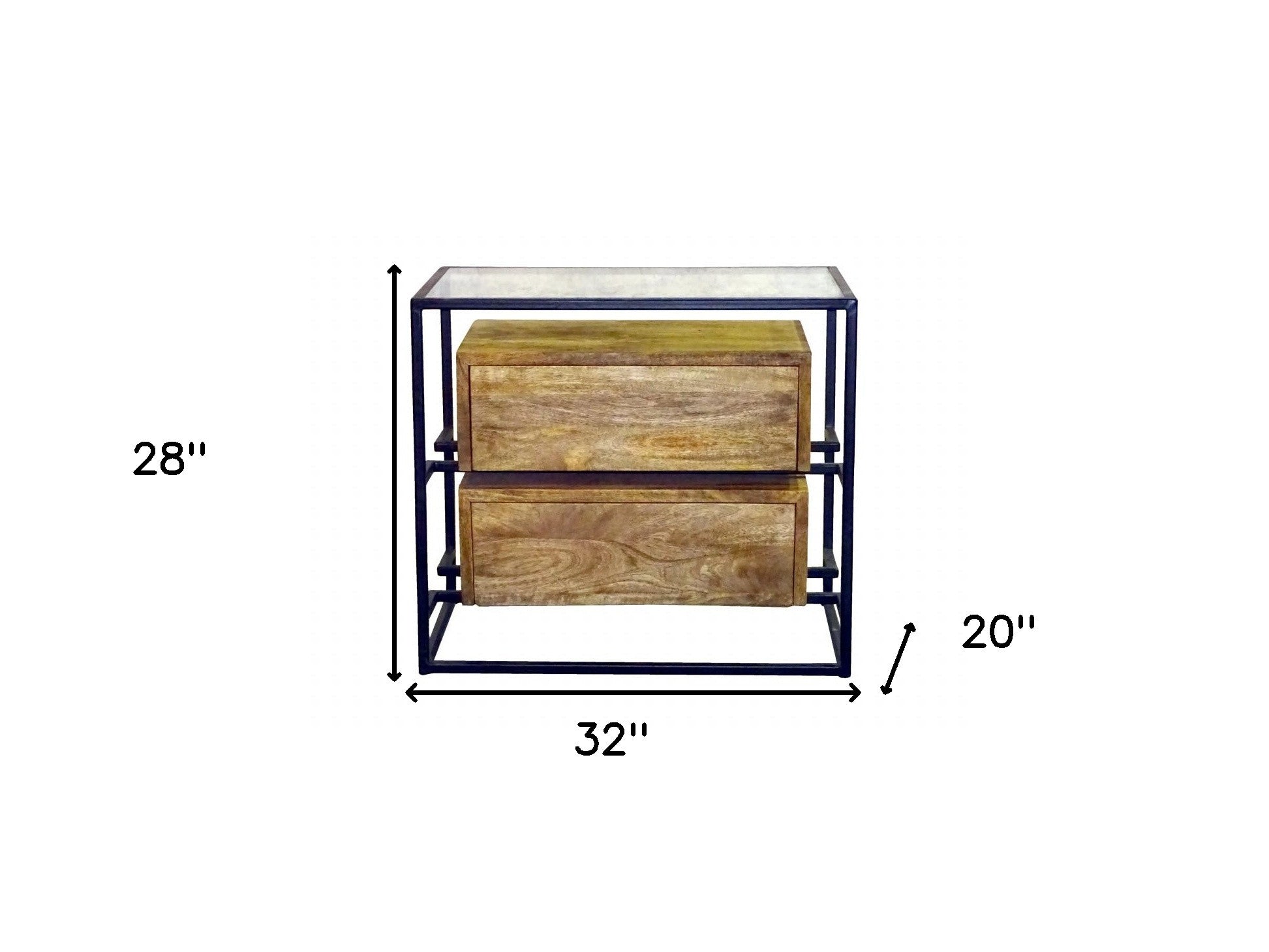 28" Natural Solid Wood and Glass Two Drawer Nightstand