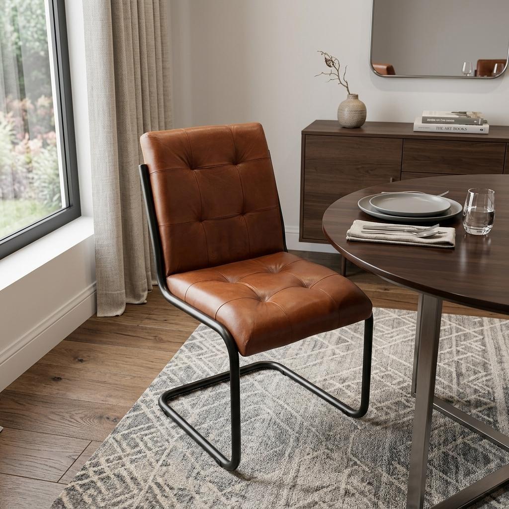 Tufted Cinnamon and Black Upholstered Leather Dining Side Chair