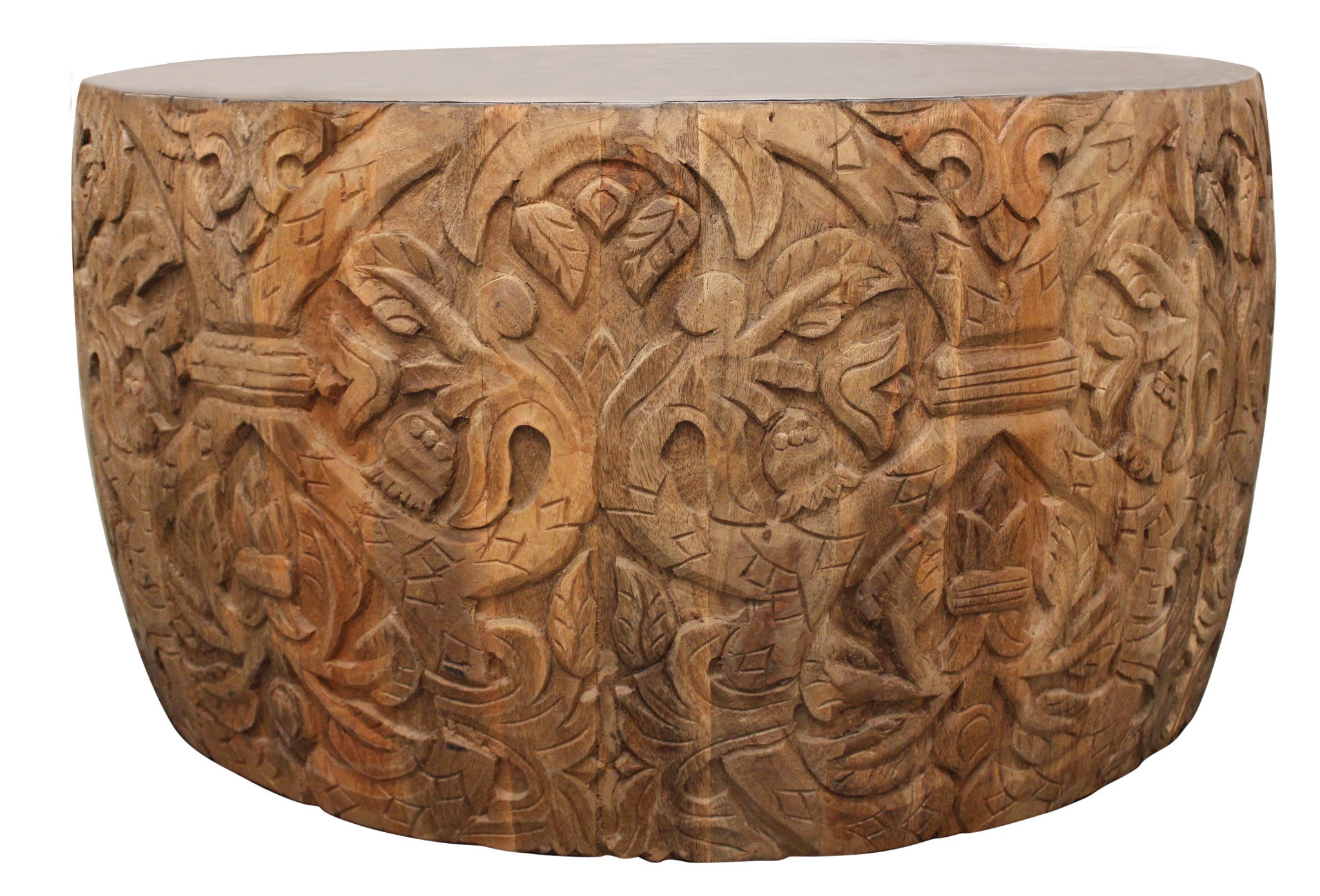 32" White and Natural Iron and Solid Wood Round Drum Coffee Table