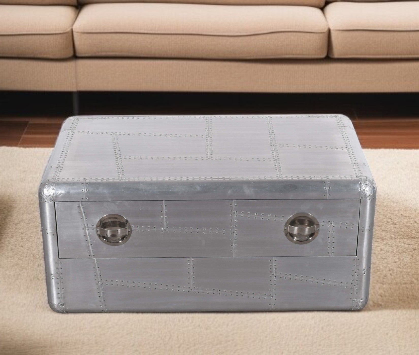 40" Silver Aluminum Aviation Style Coffee Table With Drawer