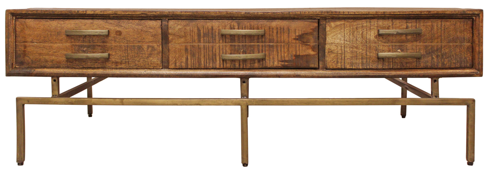 56" Brown and Brass Solid Wood and Iron Distressed Frame Coffee Table With Six Drawers