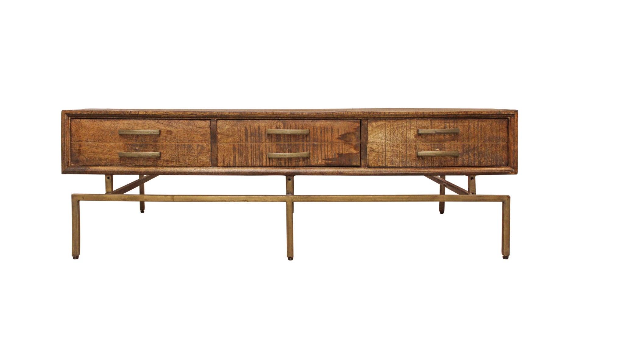 56" Brown and Brass Solid Wood and Iron Distressed Frame Coffee Table With Six Drawers