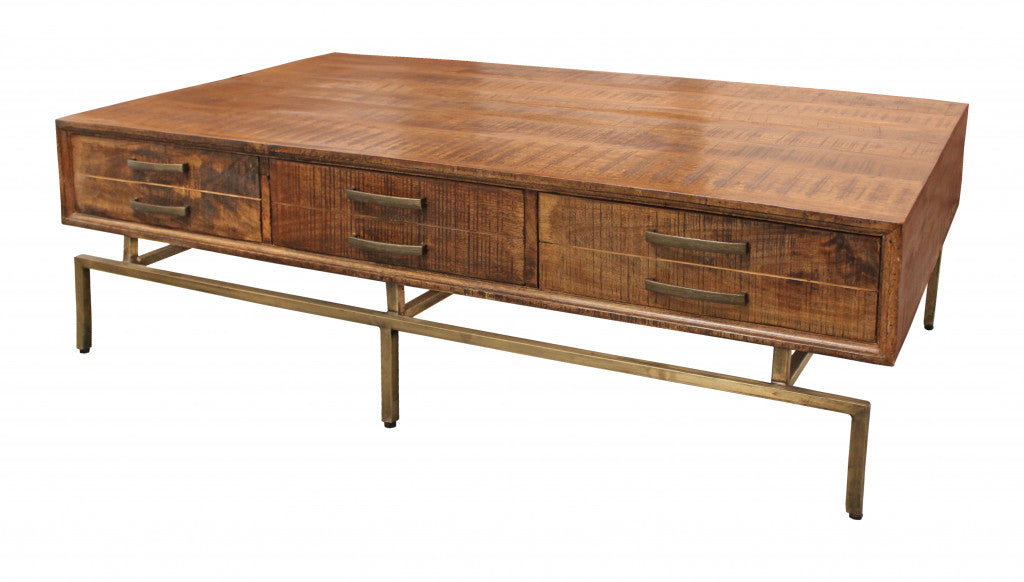 56" Brown and Brass Solid Wood and Iron Distressed Frame Coffee Table With Six Drawers