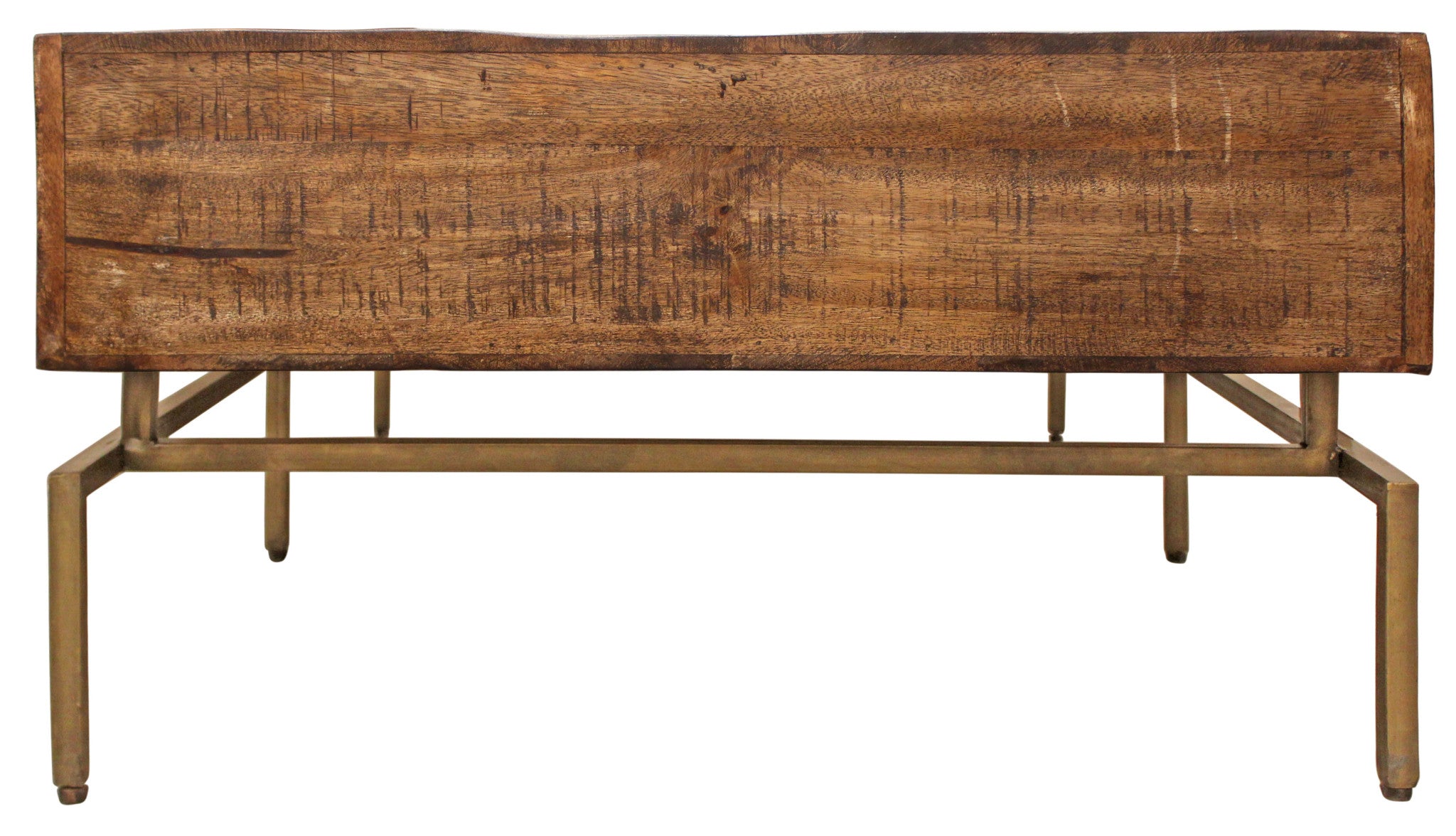56" Brown and Brass Solid Wood and Iron Distressed Frame Coffee Table With Six Drawers