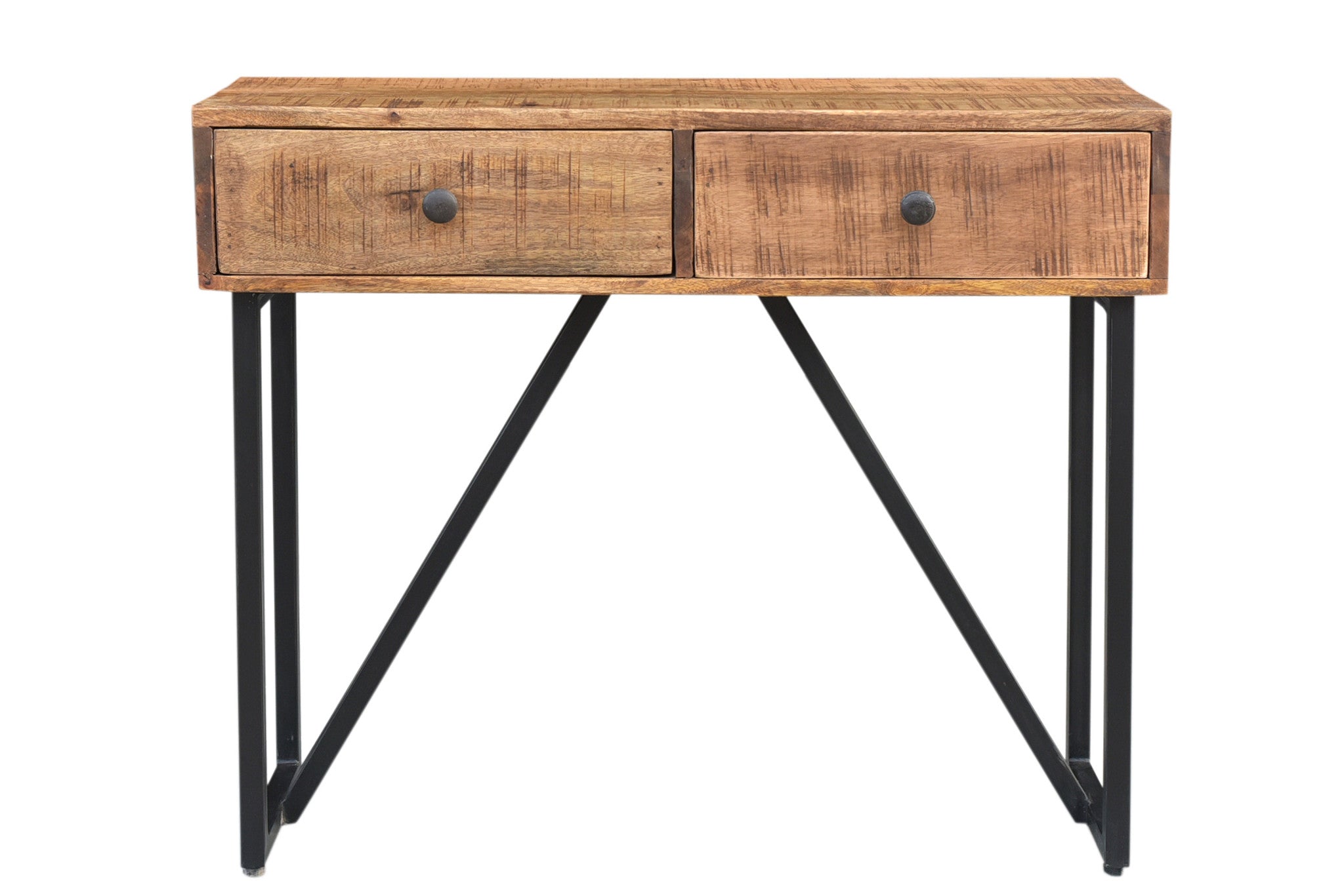 36" Natural and Black Solid Wood and Iron Distressed Frame Console Table With Two Drawers