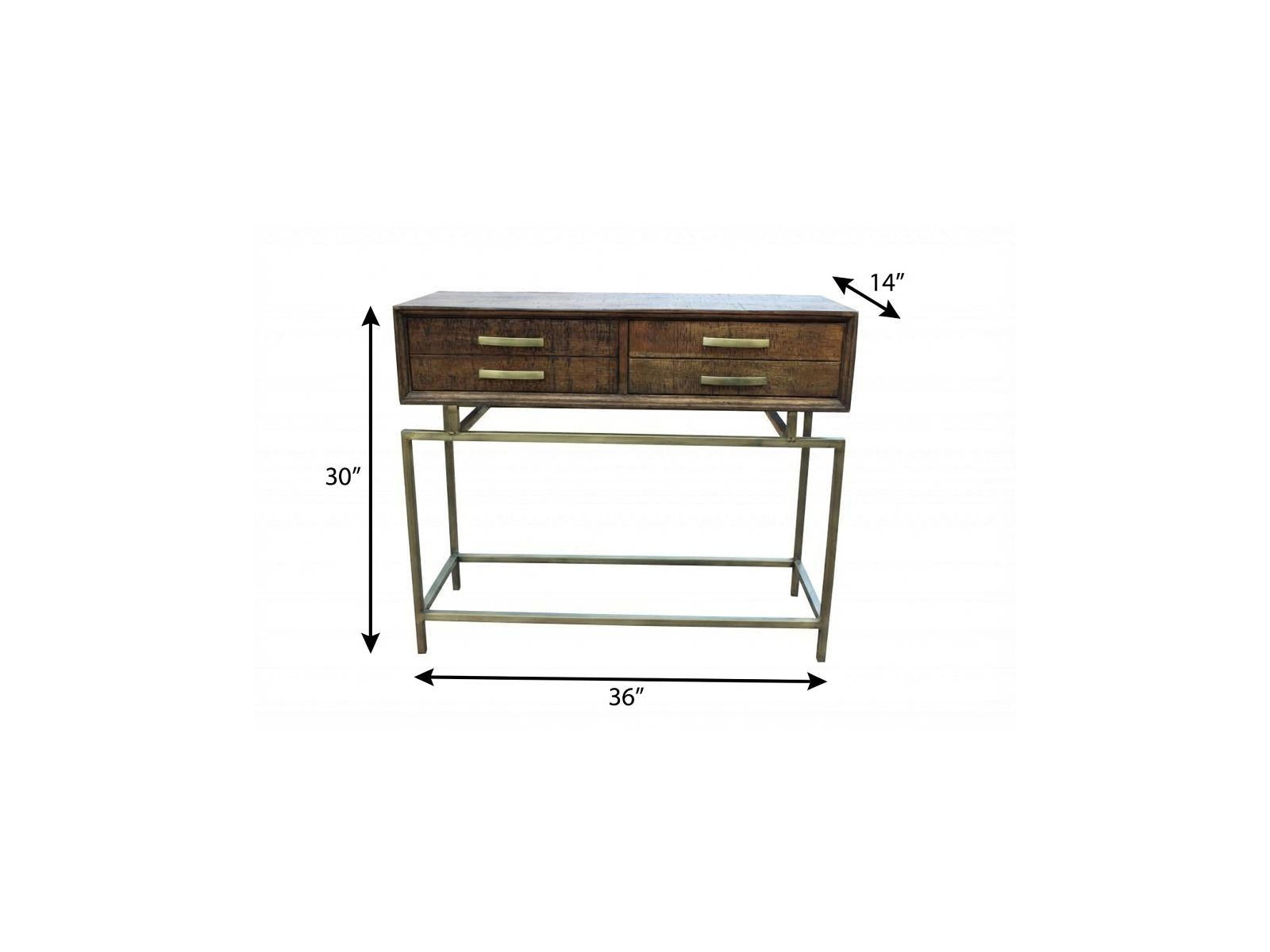 36" Brown and Brass Solid Wood Distressed Frame Console Table With Storage