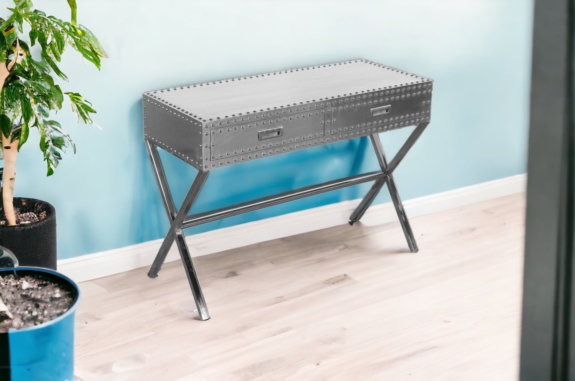 44" Silver Aluminum Cross Leg Console Table With Storage