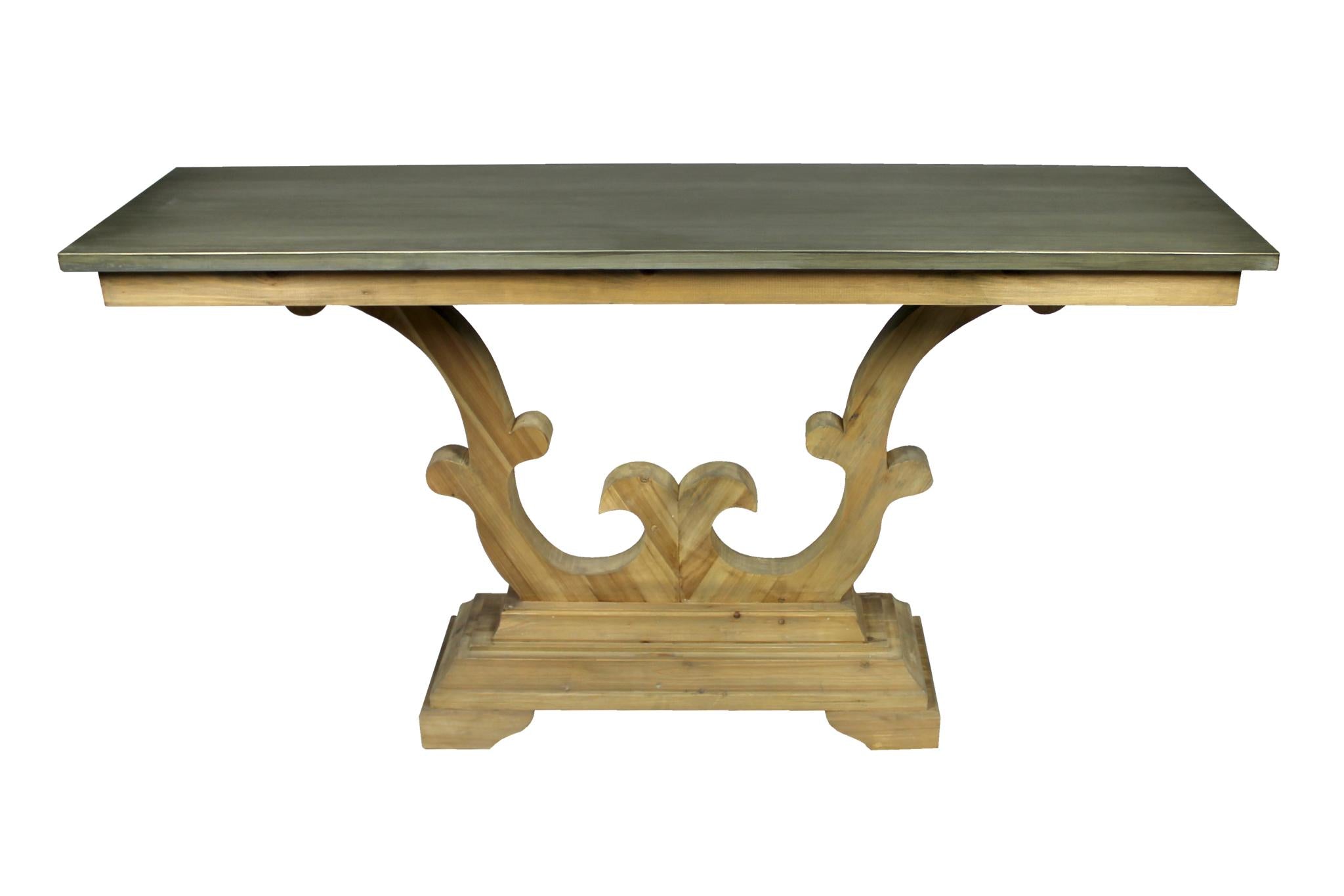 63" Gray and Natural Zinc Distressed Trestle Console Table