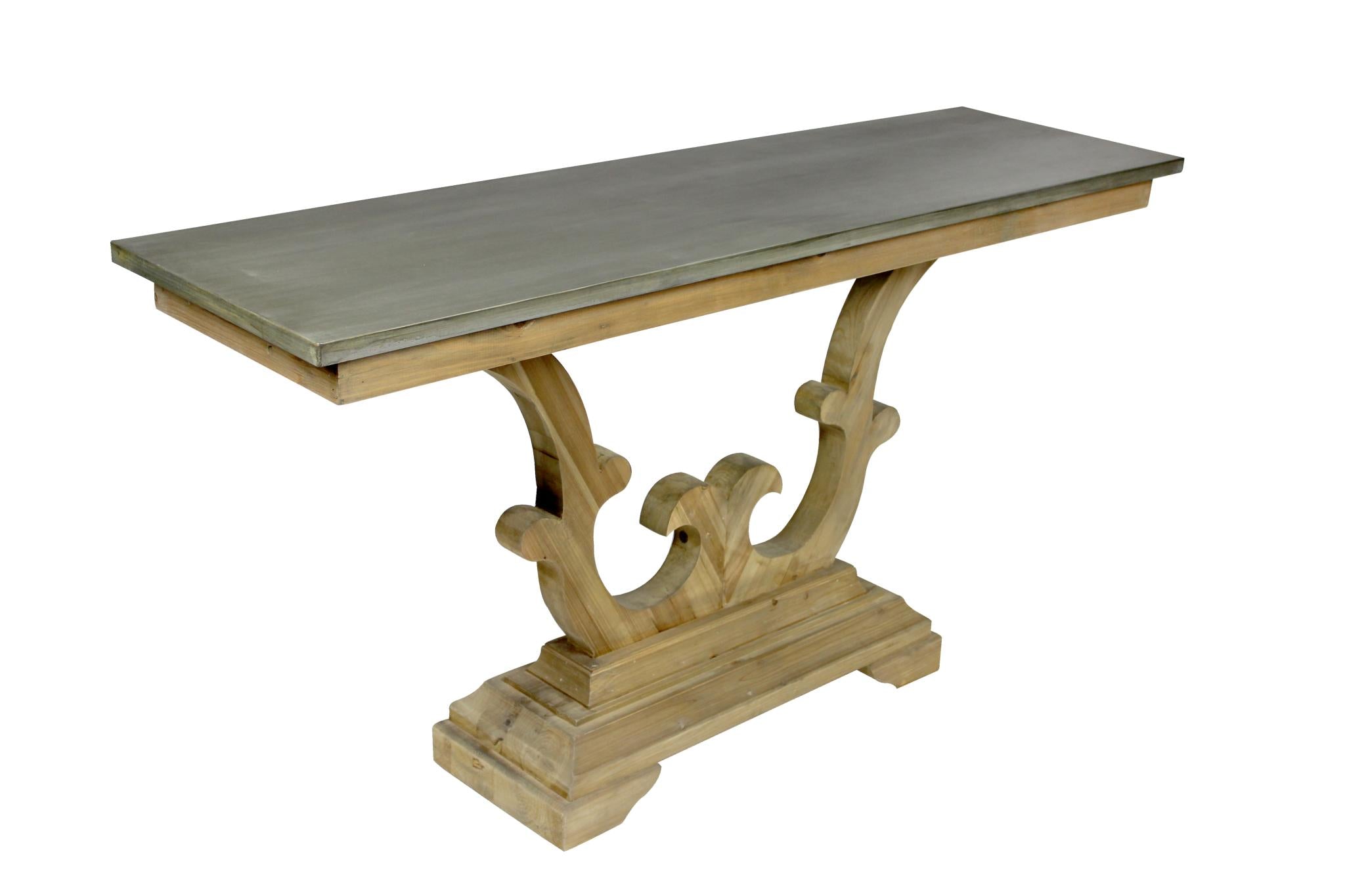 63" Gray and Natural Zinc Distressed Trestle Console Table