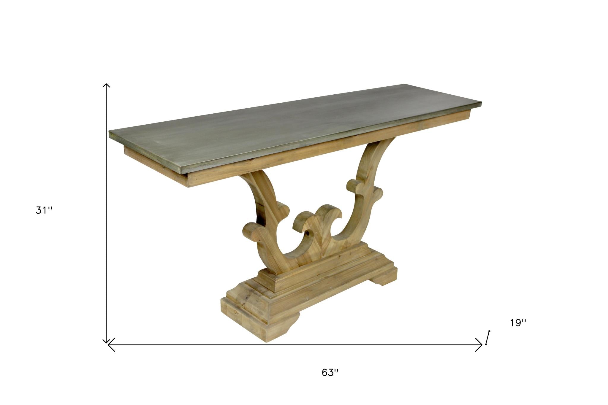 63" Gray and Natural Zinc Distressed Trestle Console Table