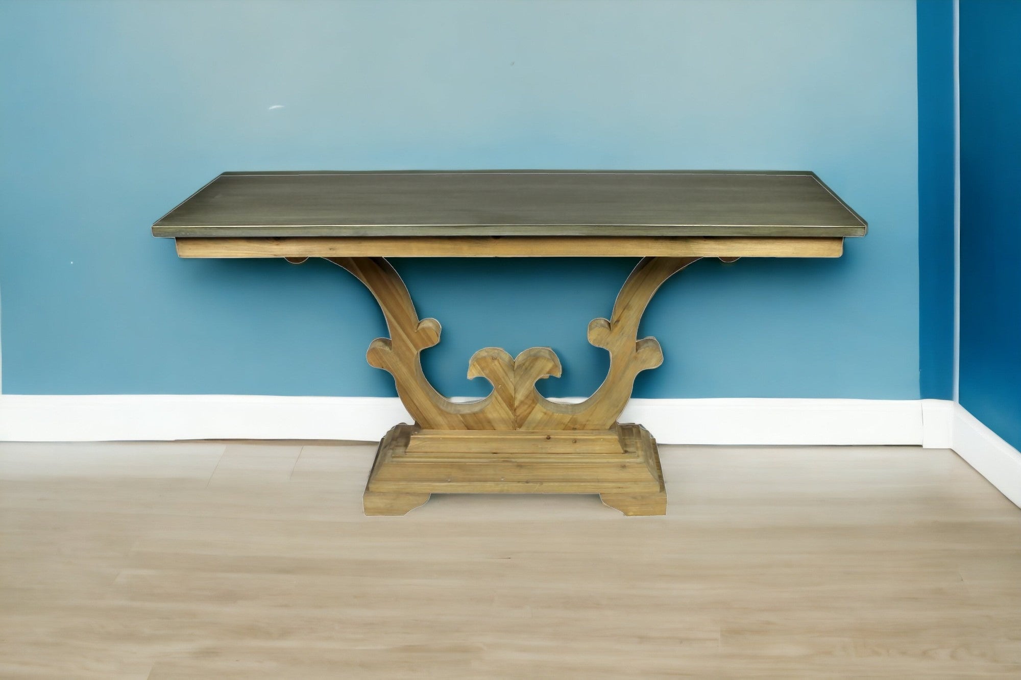 63" Gray and Natural Zinc Distressed Trestle Console Table