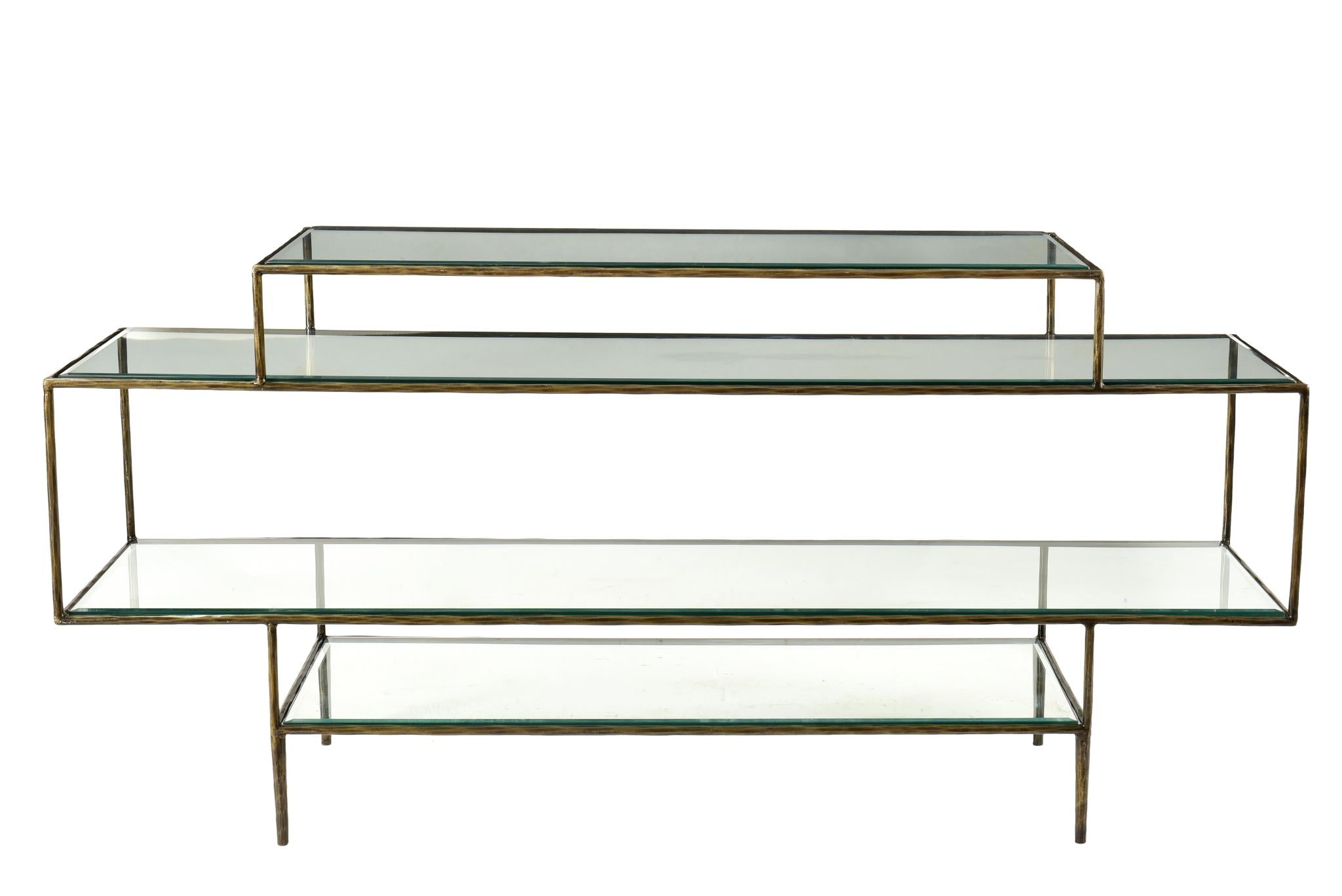 60" Clear and Gold Glass Floor Shelf Console Table With Storage
