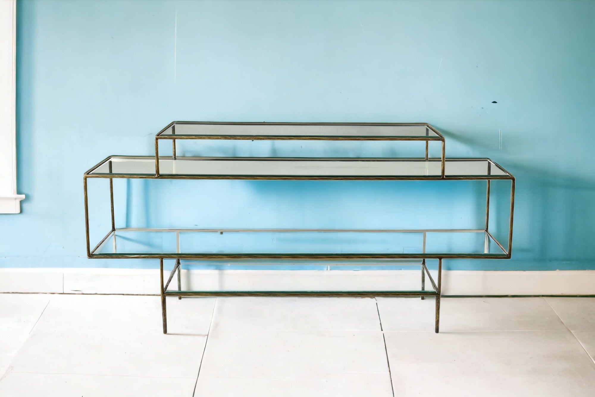 60" Clear and Gold Glass Floor Shelf Console Table With Storage