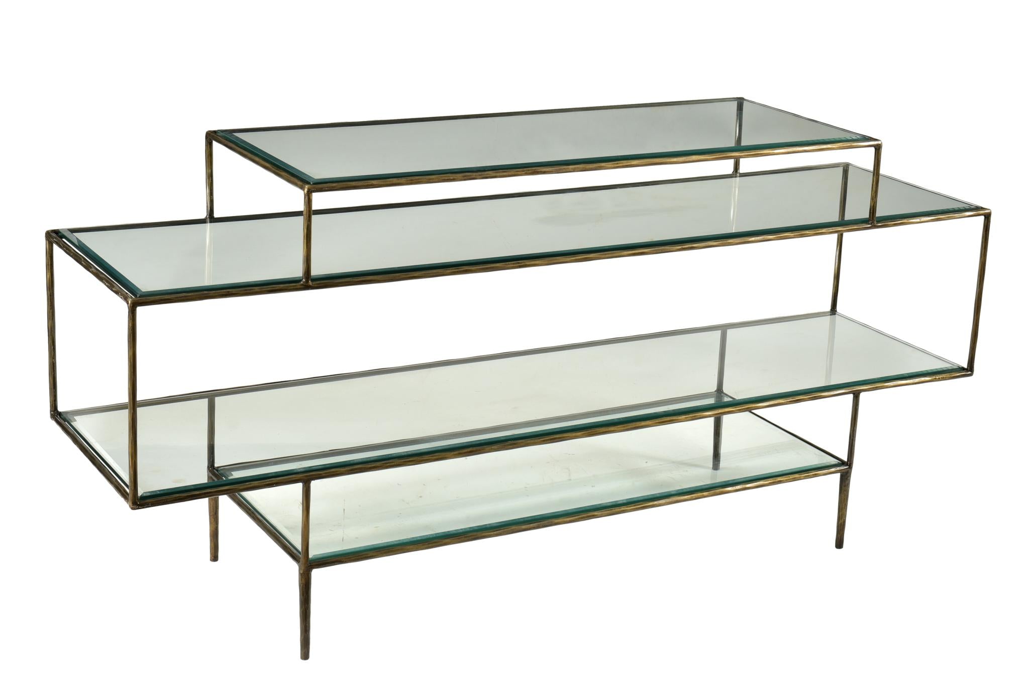 60" Clear and Gold Glass Floor Shelf Console Table With Storage