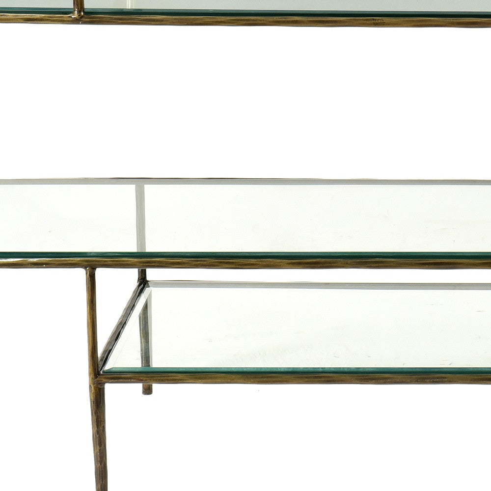 60" Clear and Gold Glass Floor Shelf Console Table With Storage