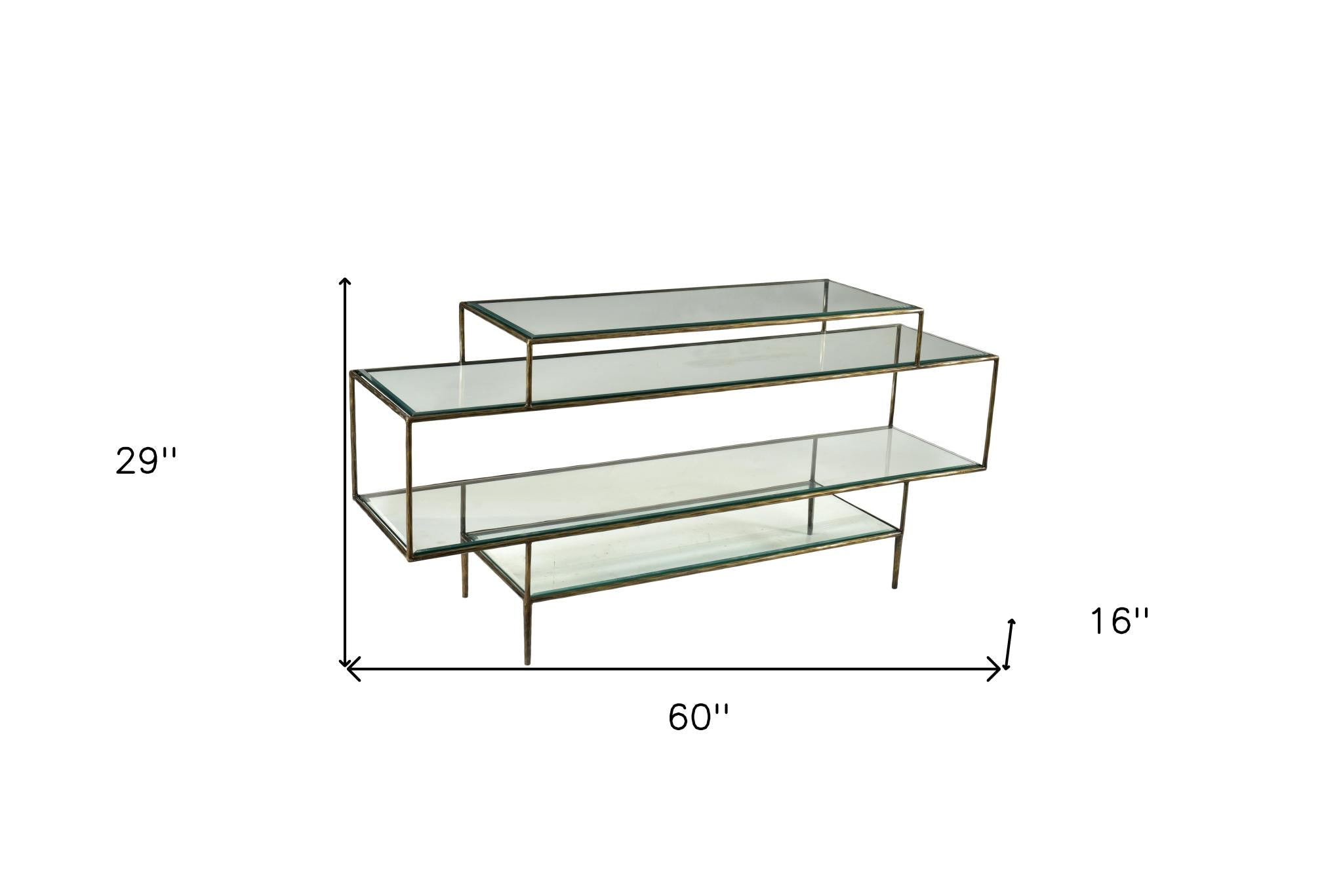 60" Clear and Gold Glass Floor Shelf Console Table With Storage