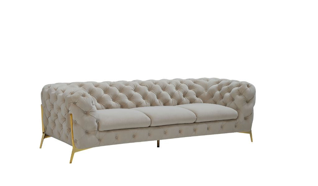97" Beige Velvet Chesterfield Sofa With Gold Legs