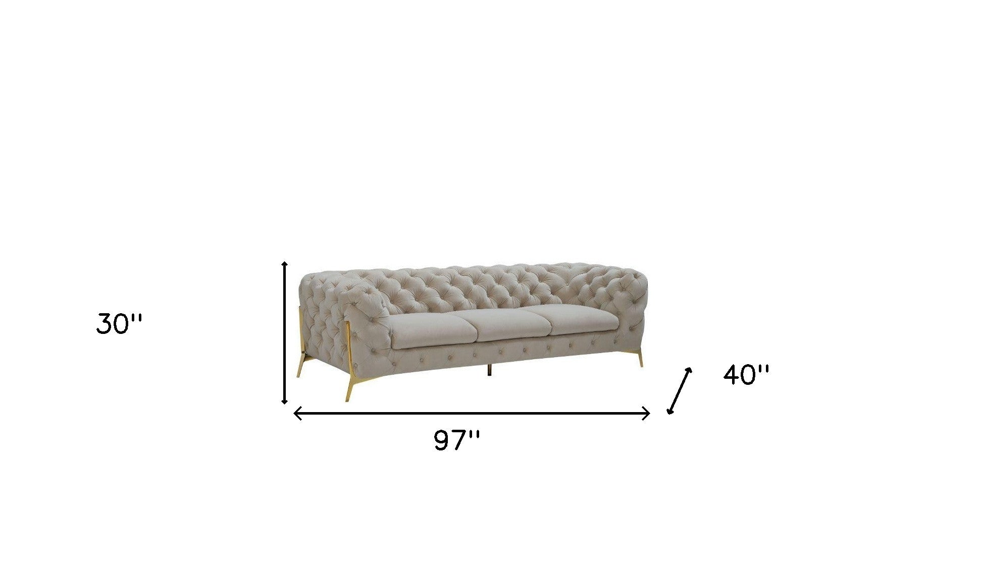 97" Beige Velvet Chesterfield Sofa With Gold Legs