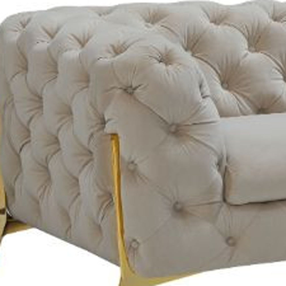 97" Beige Velvet Chesterfield Sofa With Gold Legs