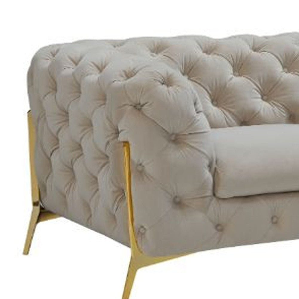 97" Beige Velvet Chesterfield Sofa With Gold Legs