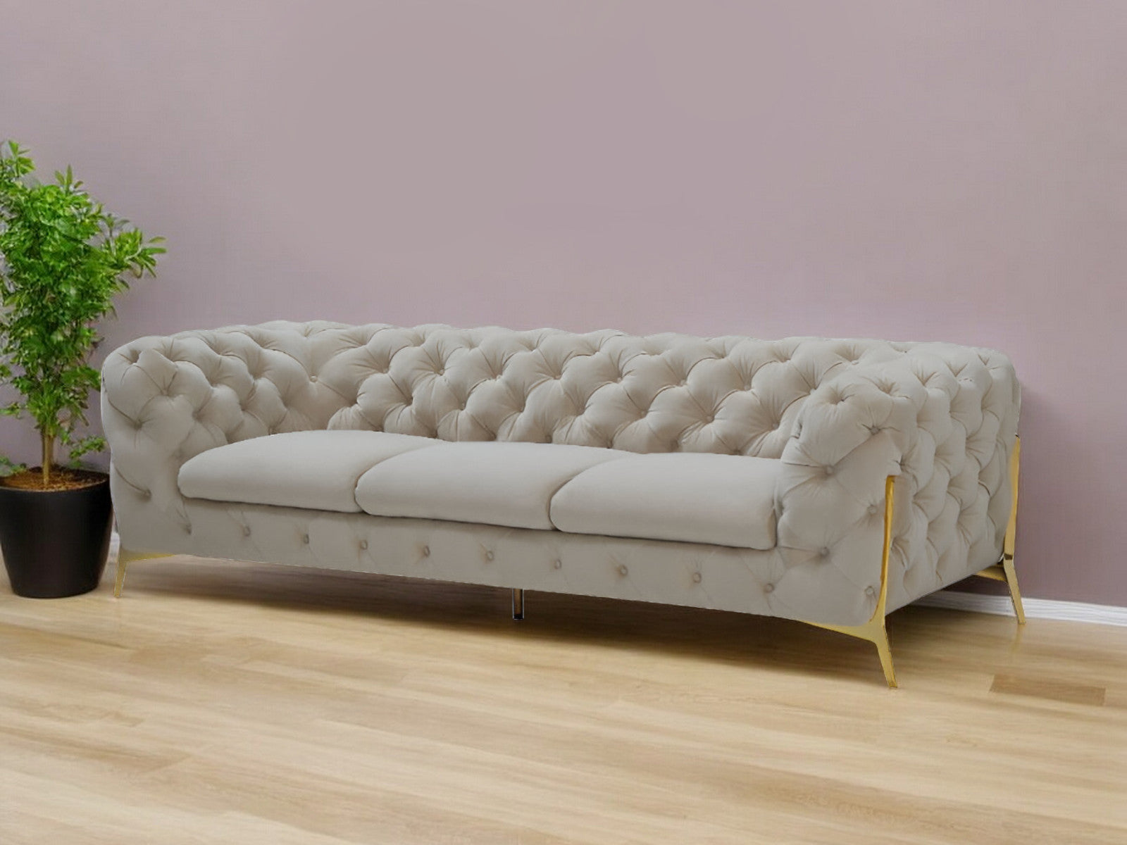 97" Beige Velvet Chesterfield Sofa With Gold Legs