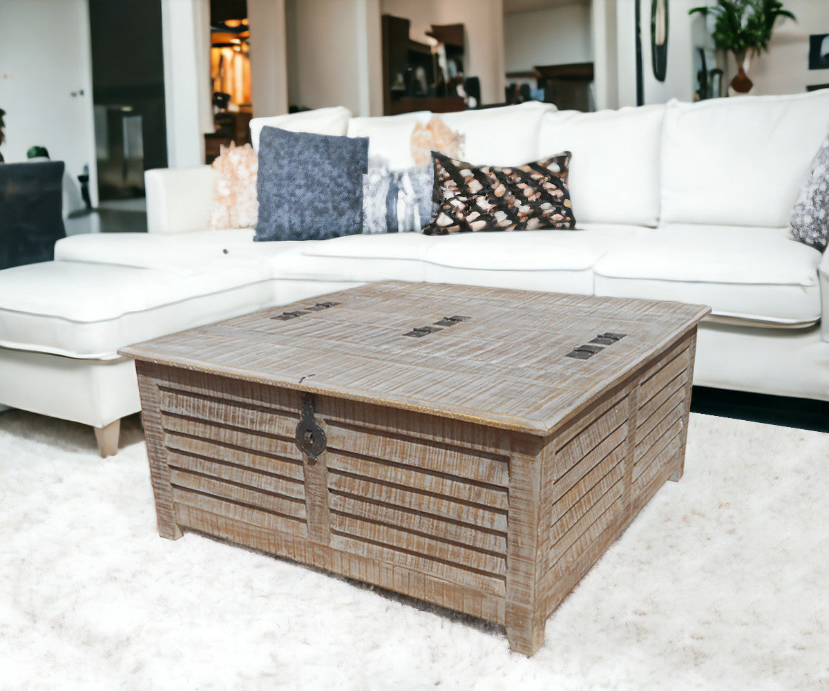 40" Gray Solid Wood Square Distressed Lift Top Solid Trunk Coffee Table