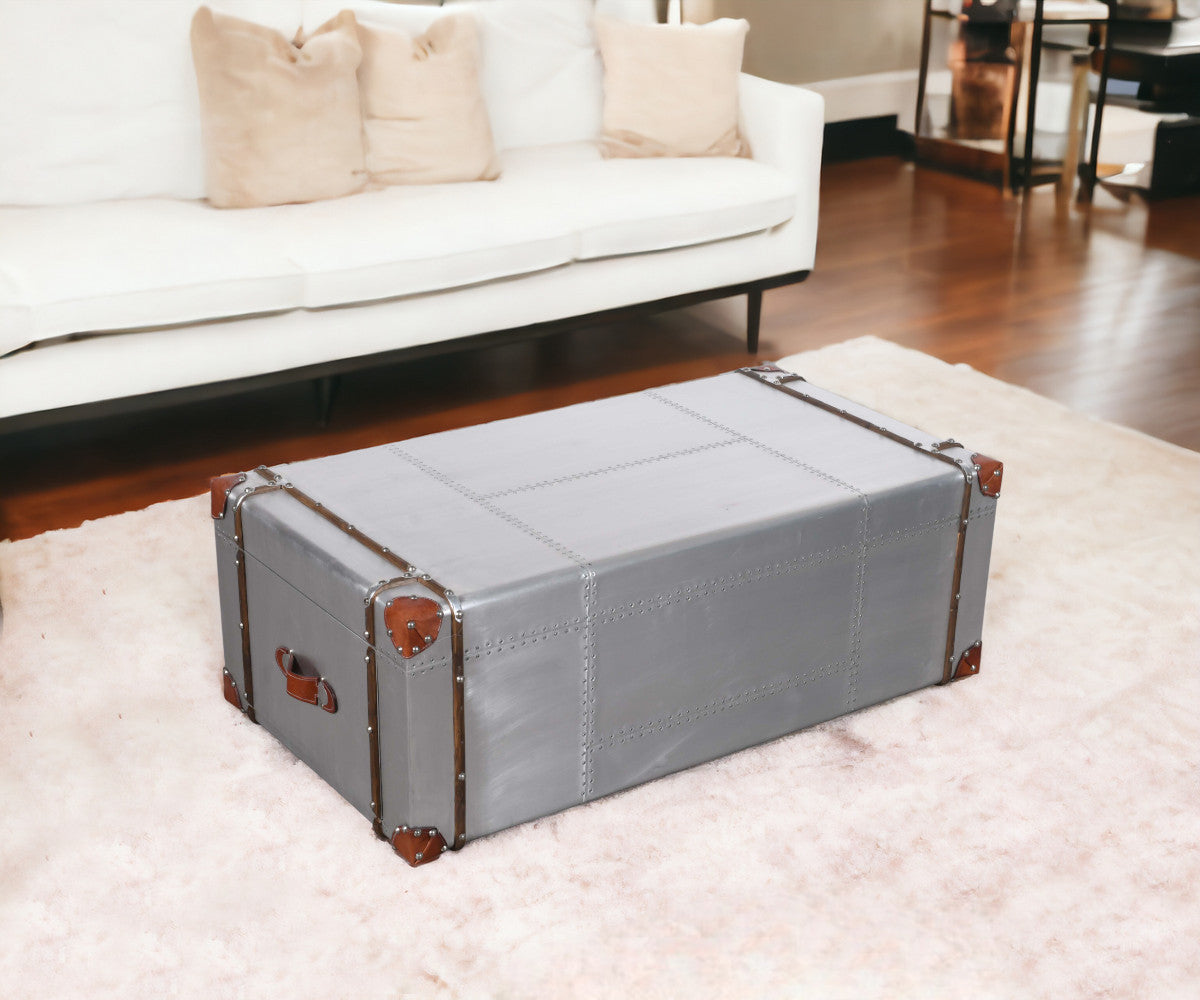 48" Silver Aluminum and Solid Wood Solid Coffee Table With Two Drawers