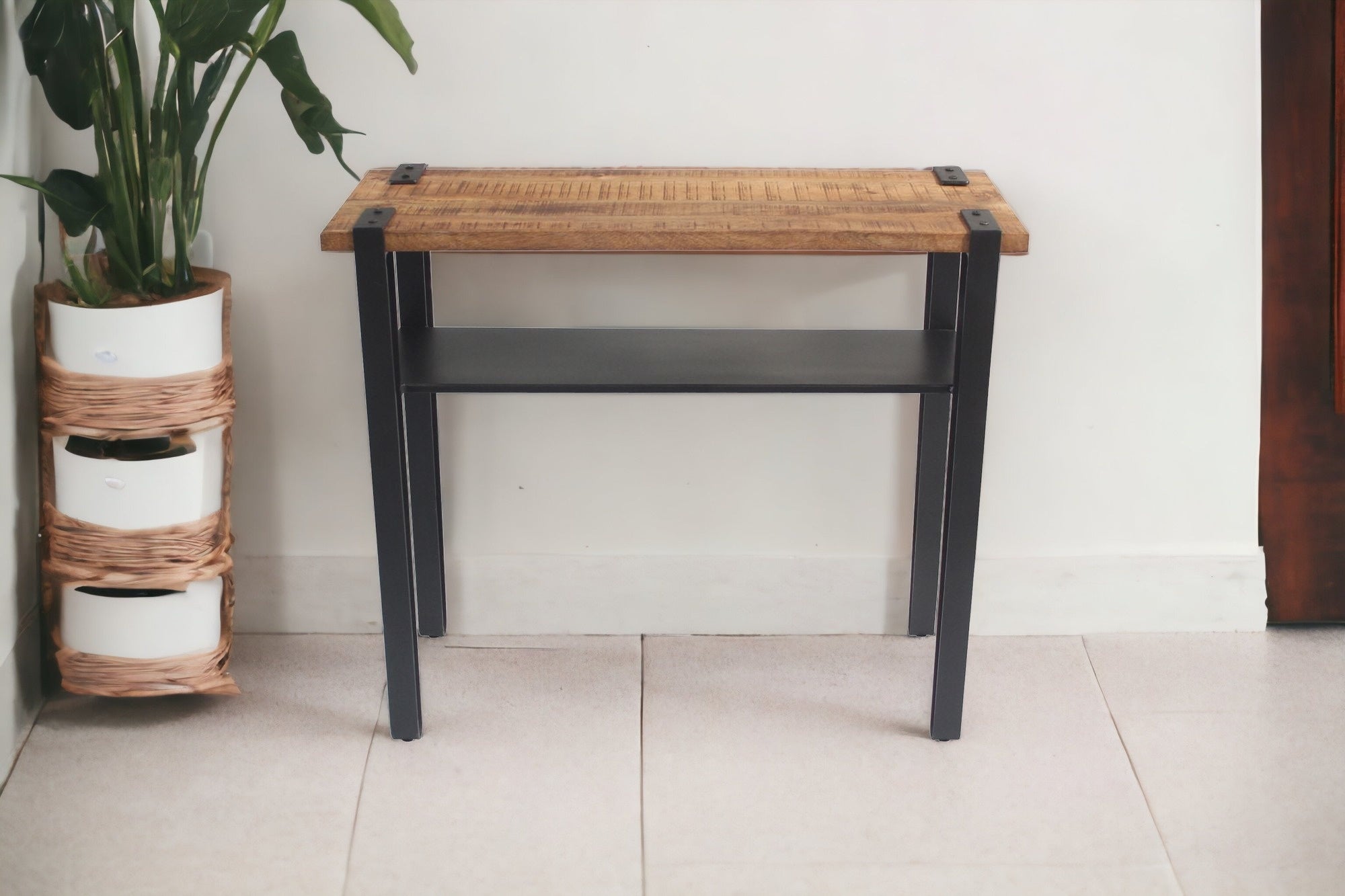 Set of Two 36" Brown and Black Solid Wood Distressed Console Table With Storage