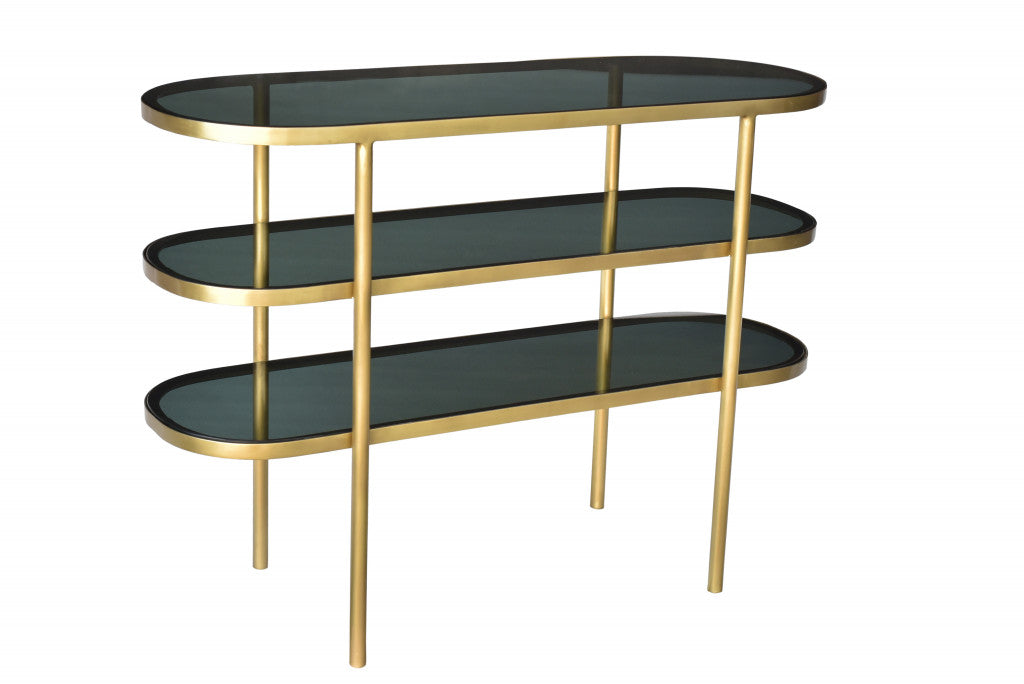 46" Black and Gold Glass Oval Console Table With Storage