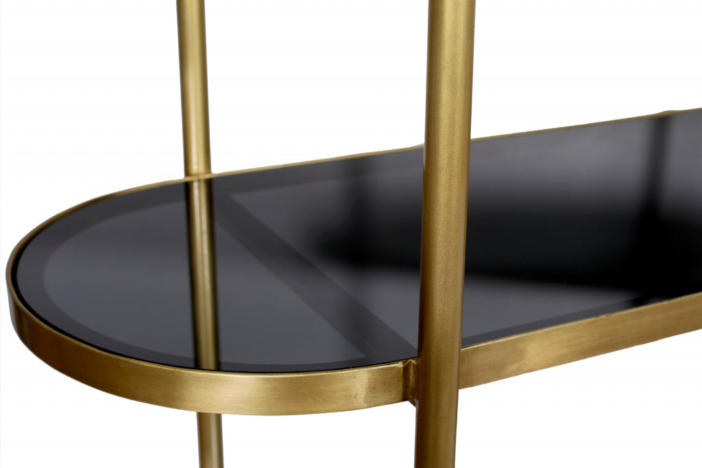 46" Black and Gold Glass Oval Console Table With Storage