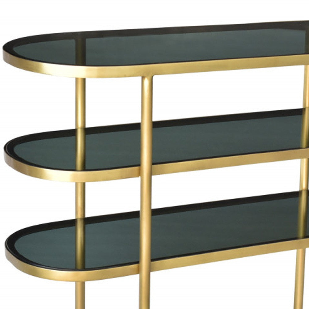 46" Black and Gold Glass Oval Console Table With Storage