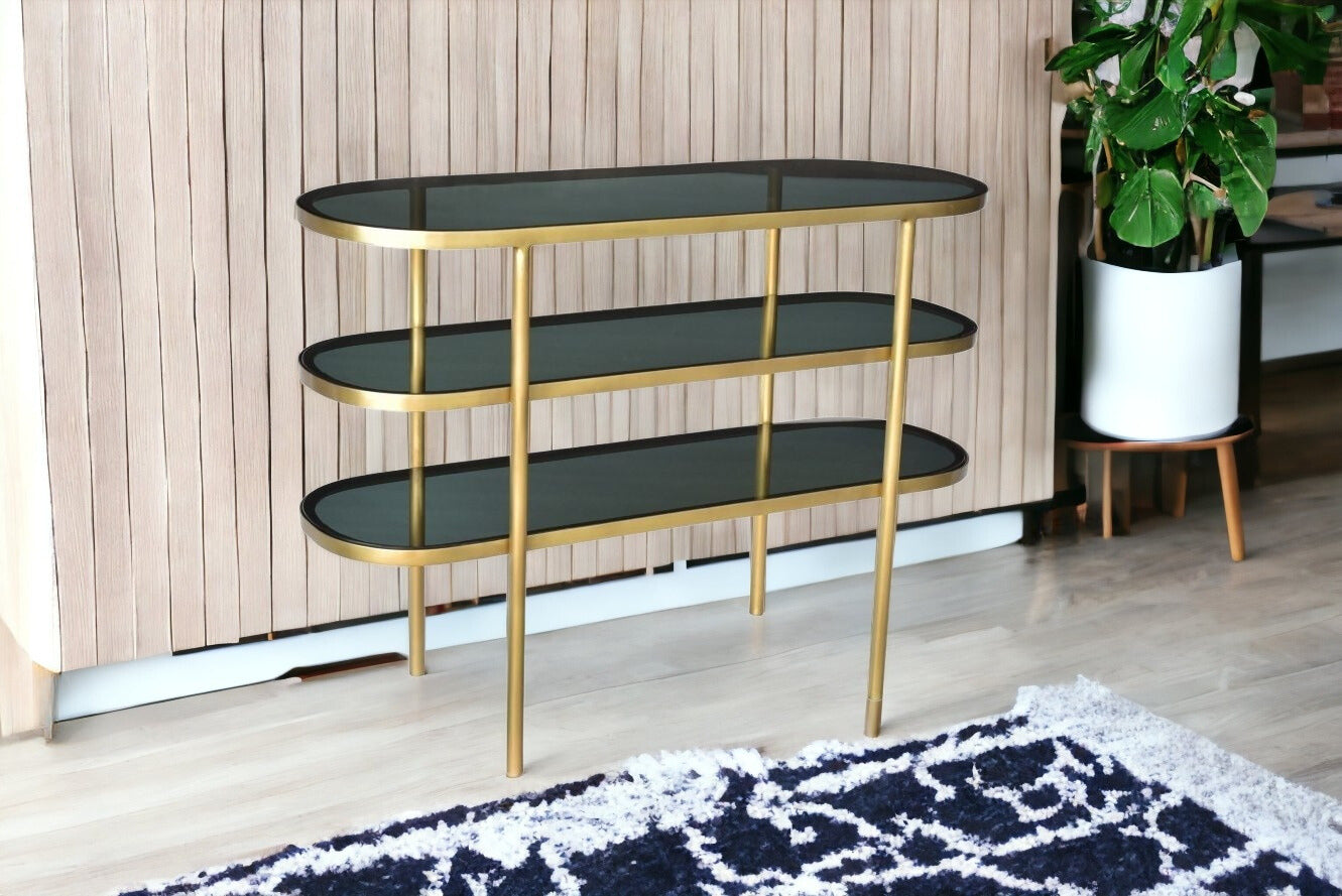 46" Black and Gold Glass Oval Console Table With Storage