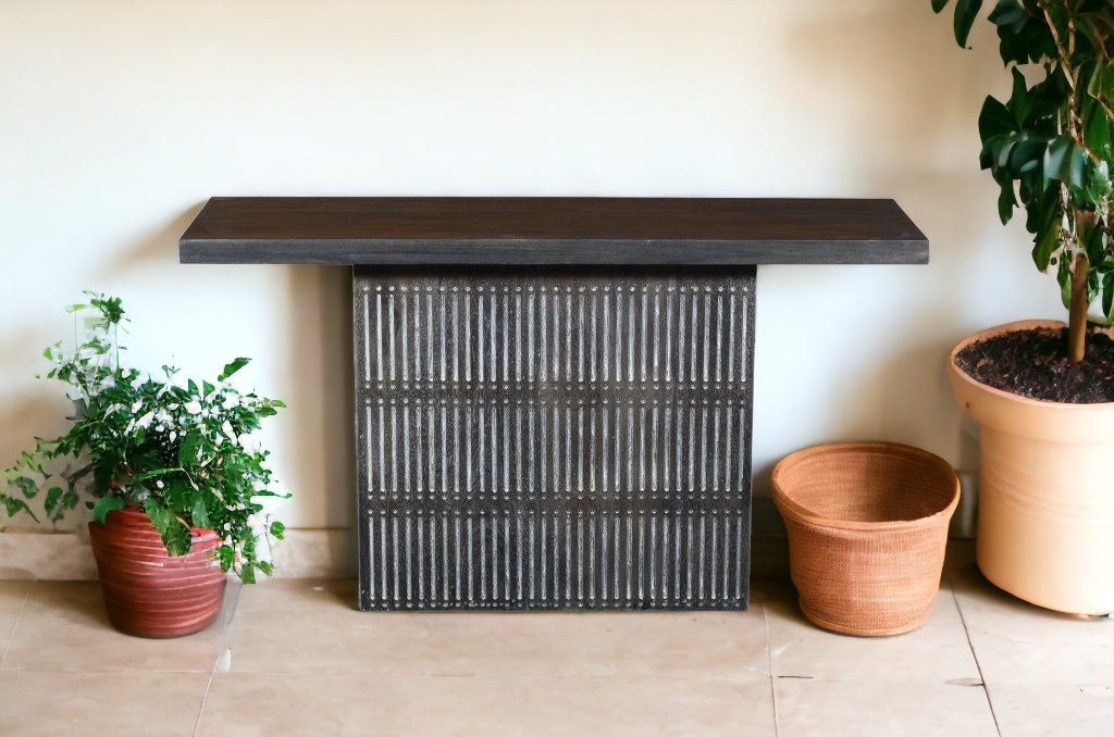 54" Brown Solid Wood Distressed Pedestal Console Table