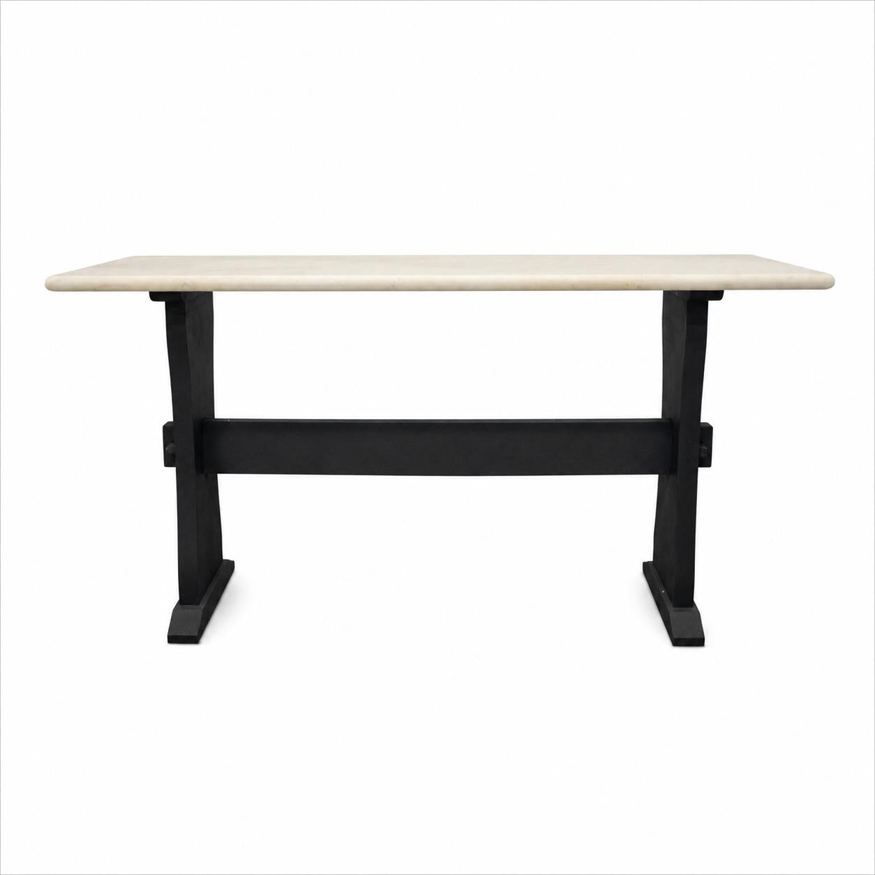 70" Ivory and Black Genuine Marble and Solid Wood Trestle Console Table
