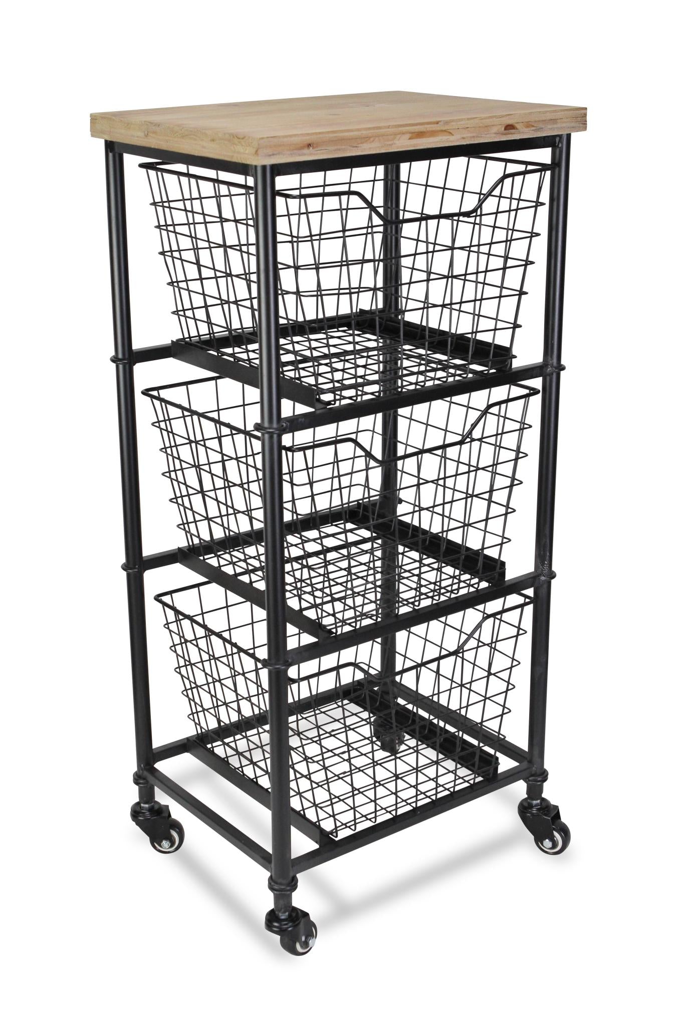 32" Black And Natural Metal And Wood Basket Storage Rolling Cabinet
