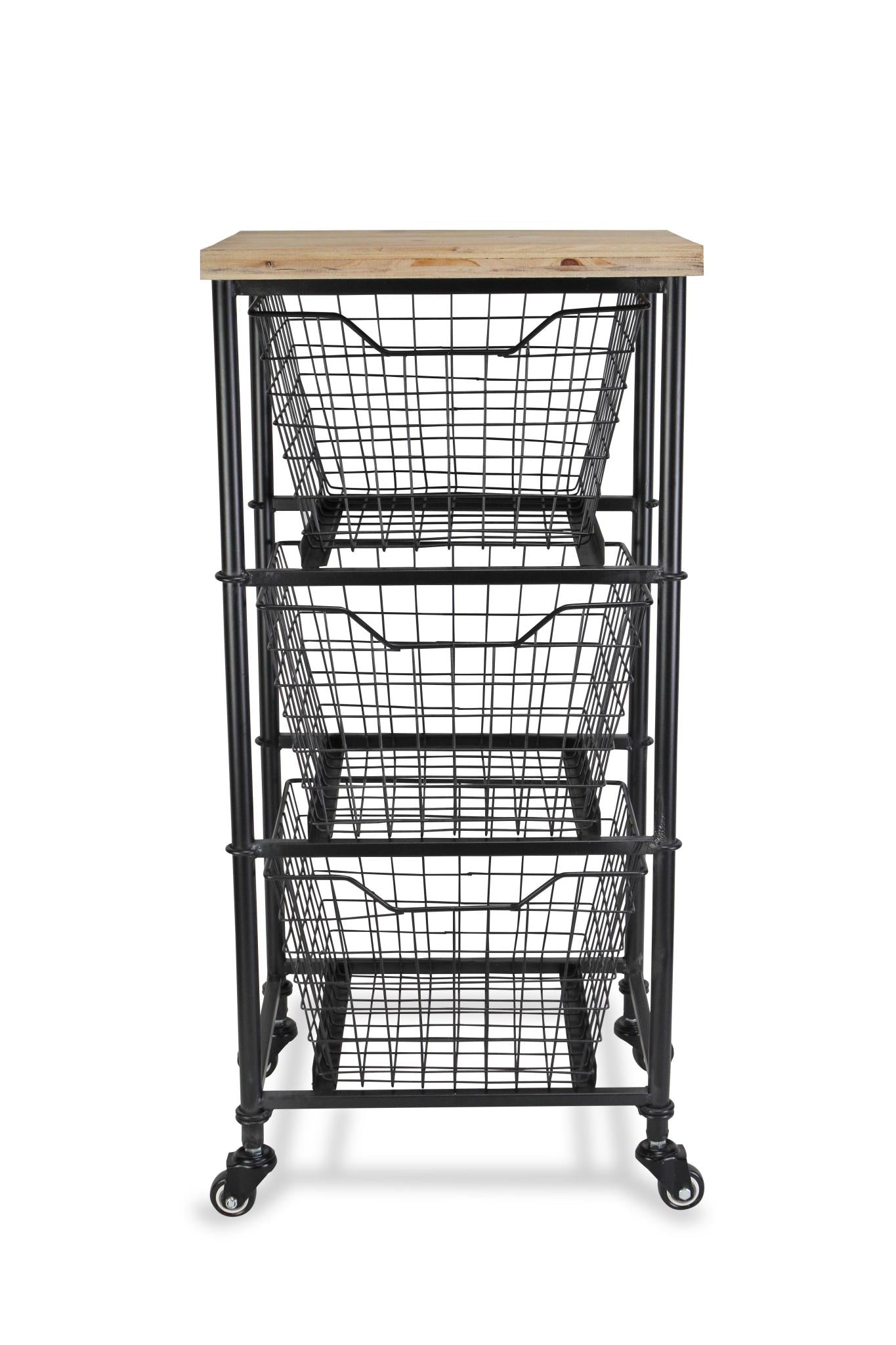 32" Black And Natural Metal And Wood Basket Storage Rolling Cabinet