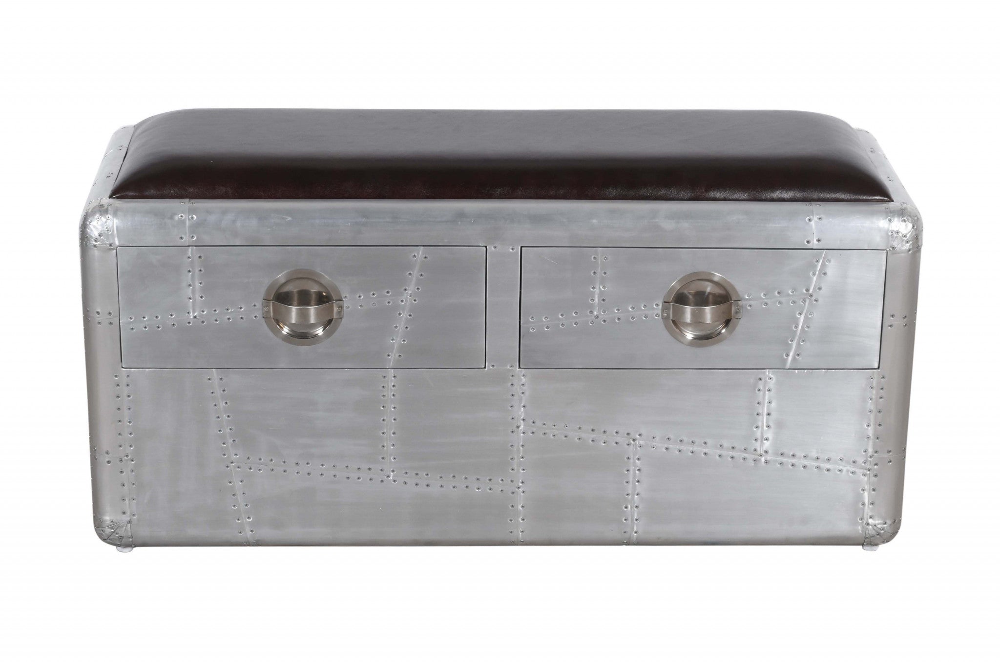 44" Black and Silver Genuine Leather and Metal Upholstered Storage Bench with Drawers