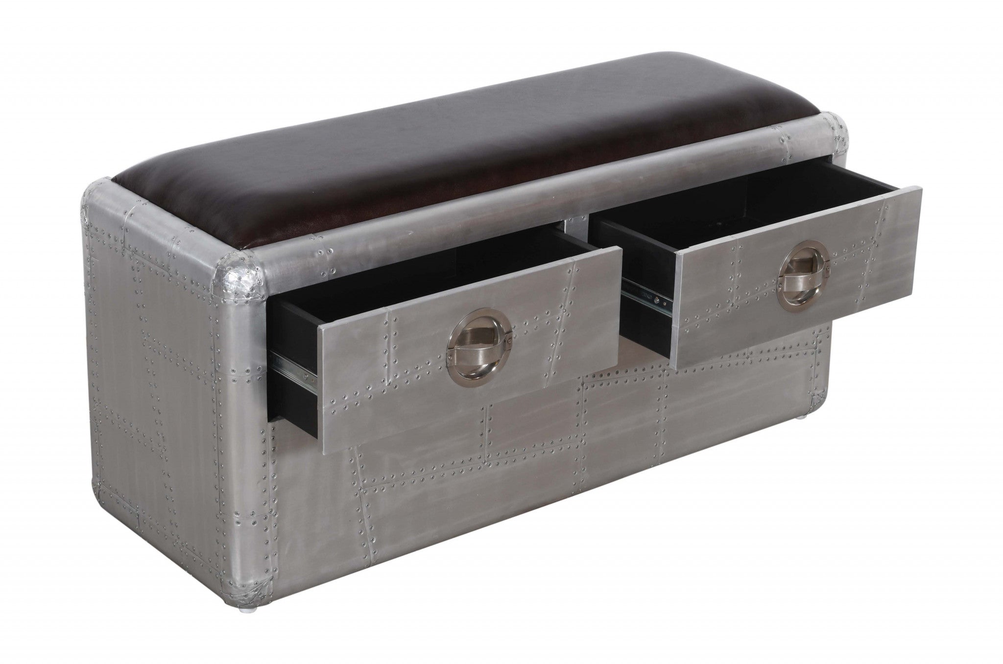44" Black and Silver Genuine Leather and Metal Upholstered Storage Bench with Drawers