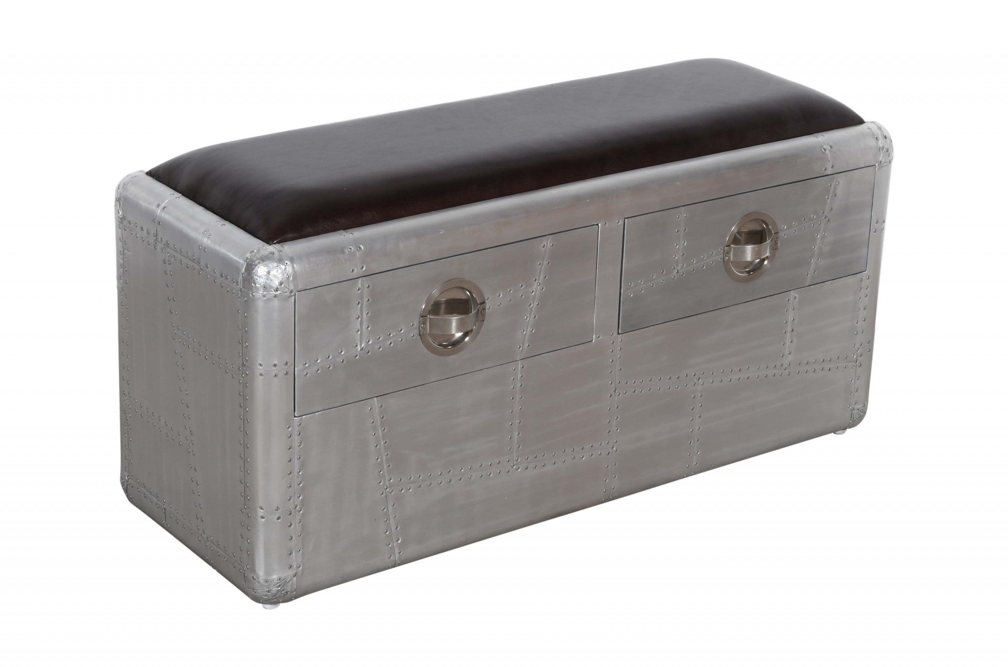 44" Black and Silver Genuine Leather and Metal Upholstered Storage Bench with Drawers