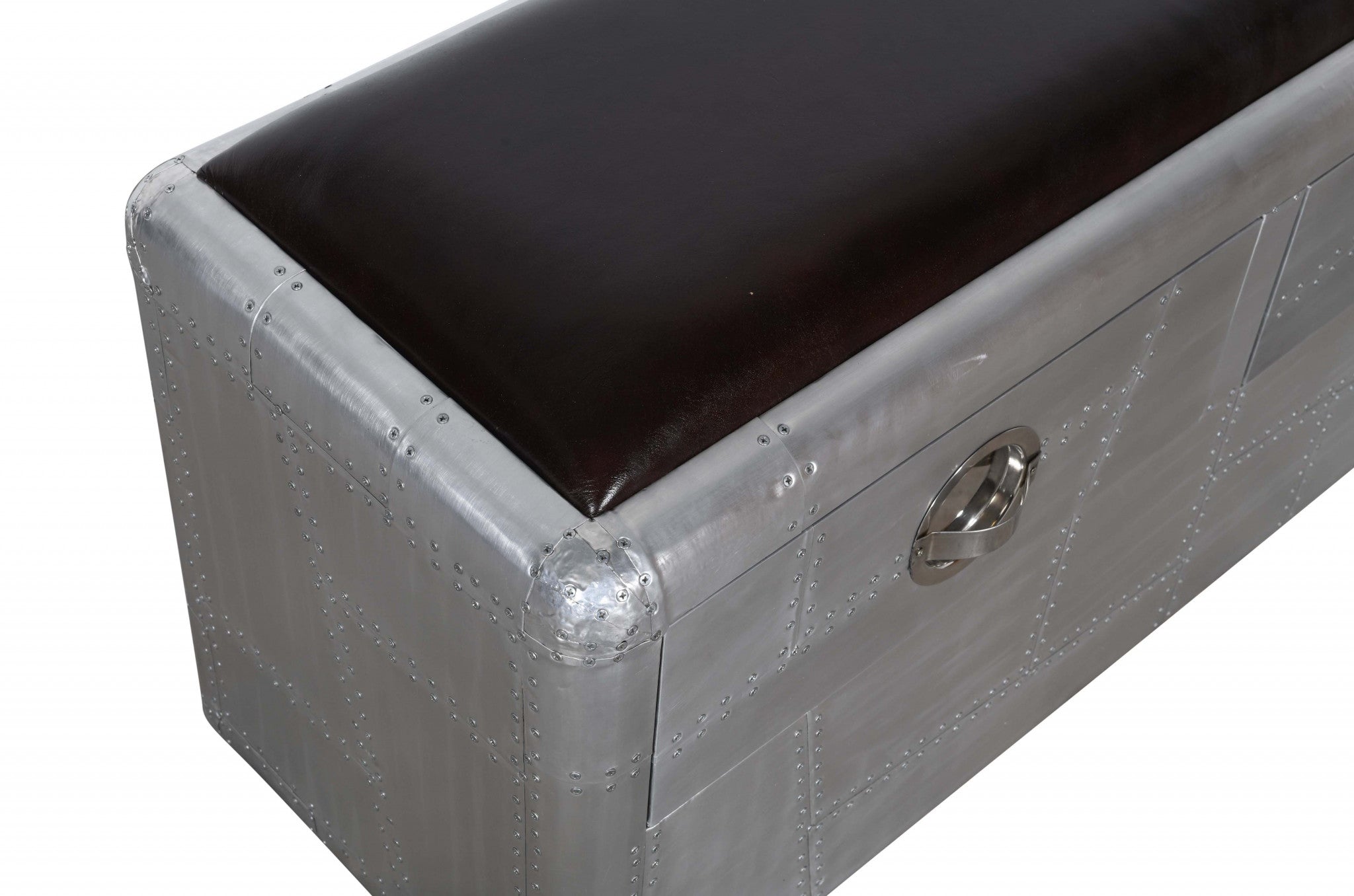44" Black and Silver Genuine Leather and Metal Upholstered Storage Bench with Drawers