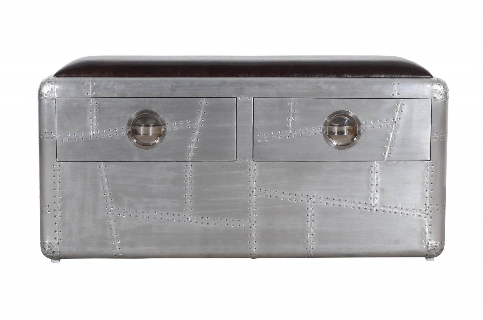 44" Black and Silver Genuine Leather and Metal Upholstered Storage Bench with Drawers