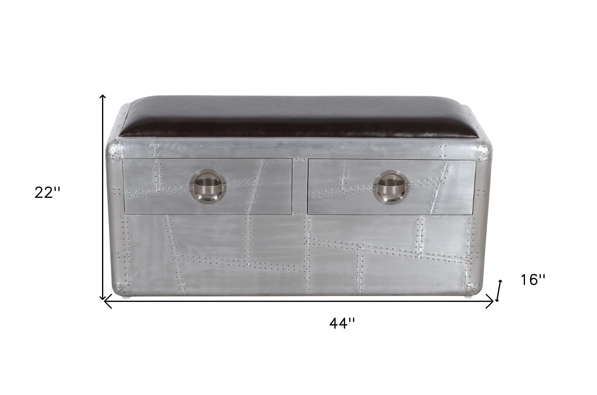 44" Black and Silver Genuine Leather and Metal Upholstered Storage Bench with Drawers
